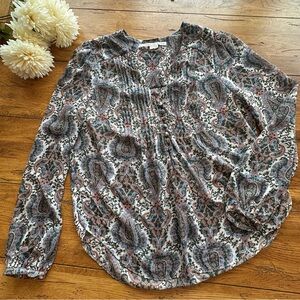 Veronica Beard Lowell Paisley Pin Tuck Long Sleeve Sheer Blouse Size 12 EUC